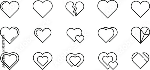 Heart Outline Icon Set with Love Symbols, Broken Heart, and Minimal Romantic Shapes for Valentine Illustration