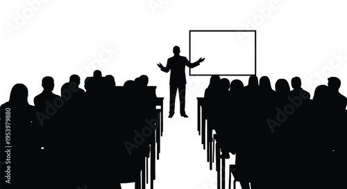 A presenter addressing an audience in a stark black silhouette