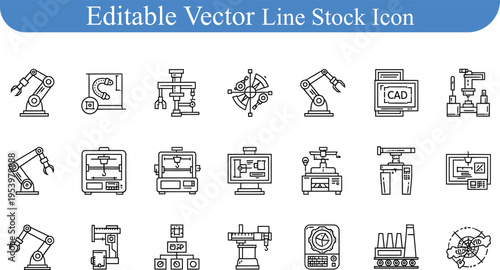 Robotics and automation icons: robot arm, cad, machine
