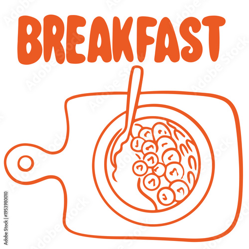 Breakfast hand drawn doodle with cereal bowl on cutting board and spoon illustration

