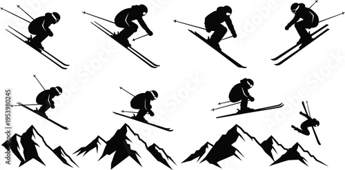Skier silhouettes collection performing jumps and downhill skiing isolated on white background, winter sport concept, alpine adventure, extreme action, mountain landscape elements set