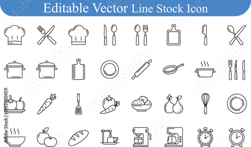 Kitchen and cooking icons vector set with rolling pin