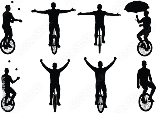 Unicycle performer silhouettes collection juggling and balancing isolated on white background, circus entertainment concept, street performance skills, acrobat tricks, black human figure set
