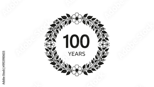 Beautiful circular floral frame featuring the number one hundred and years text for a centennial anniversary celebration.