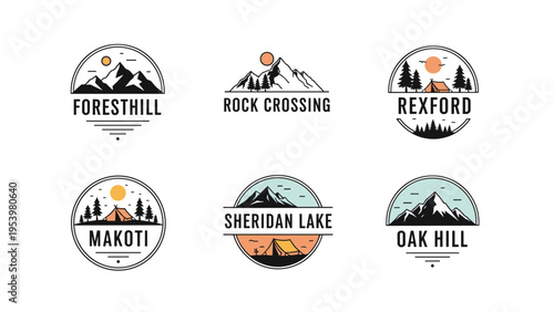 Set of six vintage outdoor adventure logos featuring mountains, forests, and tents for camping and hiking lovers.