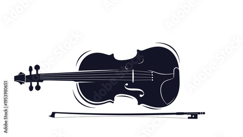 Elegant black silhouette of a violin and its bow shown horizontally against a clean white background area.