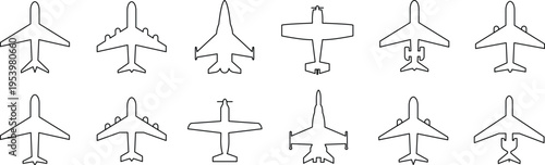 Airplane Icon Set – Aircraft, Flight and Aviation Line Vector Icons Collection