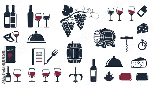 Extensive collection of wine-themed vector icons including bottles, glasses, barrels, grapes, cheese, and corkscrews.