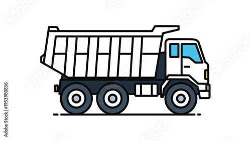 Simple side profile illustration of a white commercial dump truck with blue windows, used for construction and industrial transport.