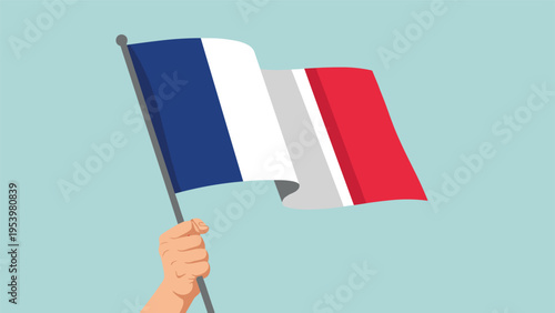 Person holding the national flag of France against a clear blue sky background, representing patriotism and French culture.