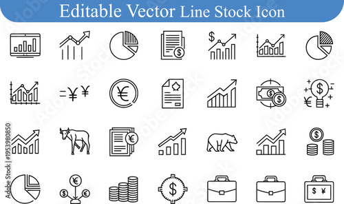 Finance and business icons vector set with line art