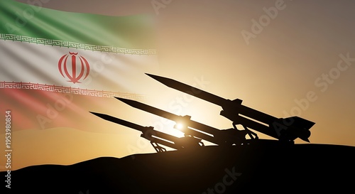 Billede på lærred Iranian missiles silhouetted against a dramatic sunset with the national flag in the background, symbolizing military power and defense