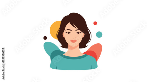 Stylish portrait of a beautiful young woman with brown hair and turquoise clothing over a colorful abstract background design.