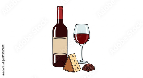 Red Wine and Cheese Still Life - Minimalist Hand-Drawn Gourmet Illustration