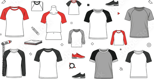 Raglan t shirt collection vector illustration with different sleeve styles casual men clothing set modern fashion apparel design elements