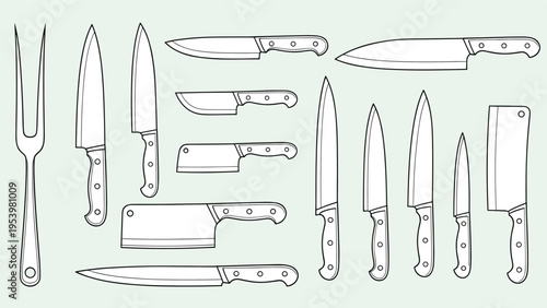 Diverse collection of professional kitchen knives and a meat fork in black and white line art for culinary purposes.