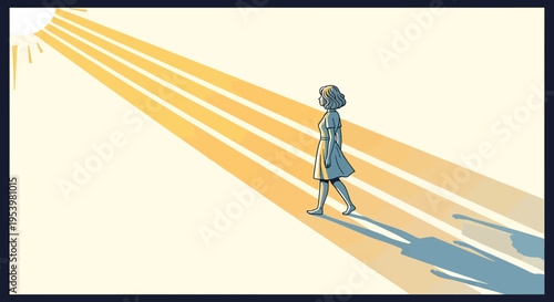 Graphic illustration of a person in a minimalist warrior yoga pose against a stylized sunrise and tranquil mountain landscape.