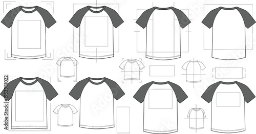 Raglan t shirt technical drawing set with front back and sleeve variations including measurements fashion flat sketch vector for clothing design