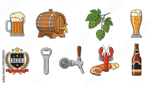 Complete set of beer-related illustrations including glasses, a bottle, barrel, hops, and lobster for pub and brewery design.