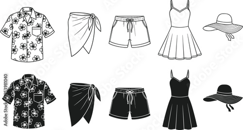  Summer beach outfit set illustration, tropical shirt sarong shorts dress and hat, black and outline styles, vacation clothing collection vector design