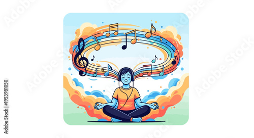 Graphic illustration of a person in a minimalist warrior yoga pose against a stylized sunrise and tranquil mountain landscape.