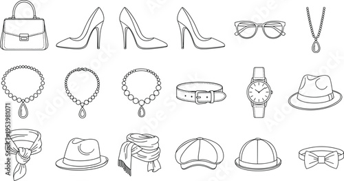 Fashion accessories outline icons set, women bag shoes jewelry glasses watch hats and scarf collection, stylish apparel elements line art vector design