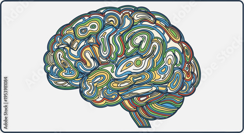 Graphic illustration of a person in a minimalist warrior yoga pose against a stylized sunrise and tranquil mountain landscape.