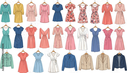 Women dresses collection illustration, various stylish outfits on hangers, casual and elegant apparel set, fashion wardrobe variety, modern clothing vector design