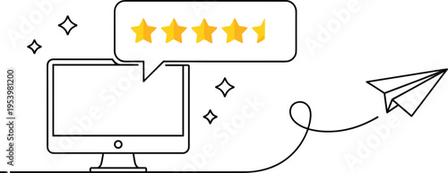 Customer feedback rating concept illustration, five star review on computer screen with speech bubble, online service evaluation, satisfaction and user experience vector