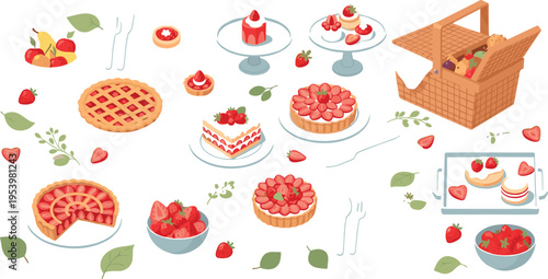 Strawberry dessert collection vector illustration with cakes pies tarts and picnic basket sweet food set with fresh berries and leaves