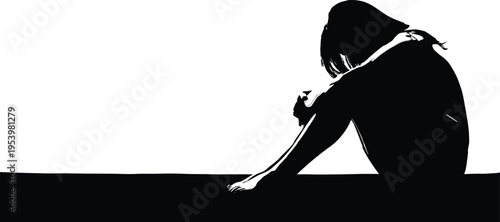 Sad woman sitting alone silhouette, depression and loneliness concept, mental health struggle, emotional pain and anxiety, isolation and stress vector illustration