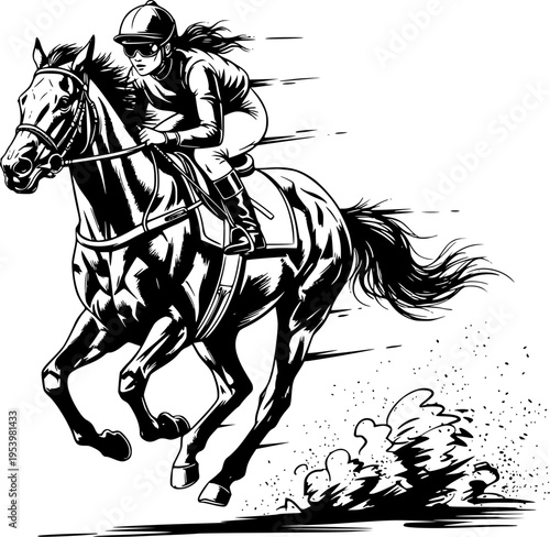 Female Jockey Riding Fast Horse in Horse Racing Competition Illustration, Dynamic Equestrian Sport Action in Bold Line Art Style for Sports Design and Racing Concept