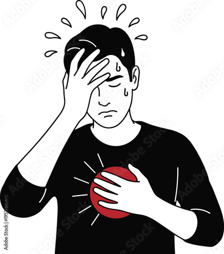 Man experiencing chest pain, heart attack symptoms, stress and anxiety concept, holding chest with discomfort, sweating and headache, healthcare emergency illustration vector