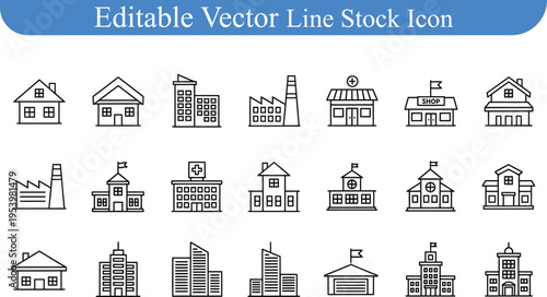 Editable vector line stock icons for buildings and institutions