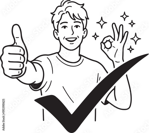 A cartoon man giving thumbs up with a checkmark