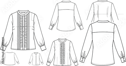 Women blouse technical drawing set with front back and sleeve variations detailed fashion flat sketch vector for clothing design and garment production