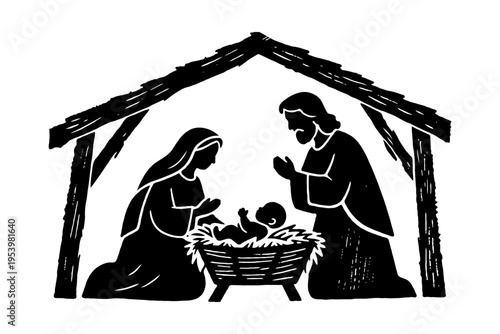 Holy family nativity silhouette featuring Mary, Joseph, and baby Jesus under a wooden stable roof on a plain white background