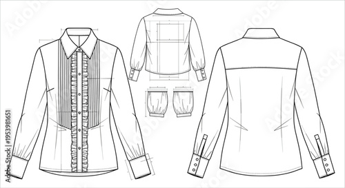 Women blouse technical drawing vector with front and back views detailed sleeves cuffs and measurements fashion flat sketch for garment design