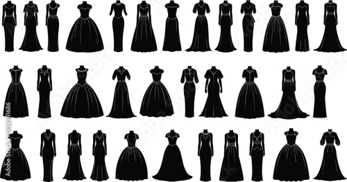 Elegant dress silhouettes collection vector, women fashion gowns set, evening and bridal styles, classic long dresses, black formal outfit designs isolated on white background