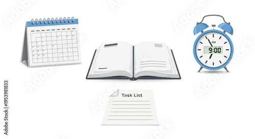 Desk calendar open book and alarm.