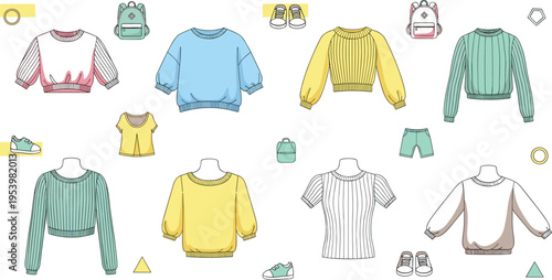 Women casual sweater and top collection with accessories including shoes backpacks and shorts colorful fashion outfit vector illustration set