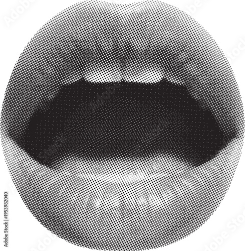 Halftone close-up of open mouth with visible teeth black and white des