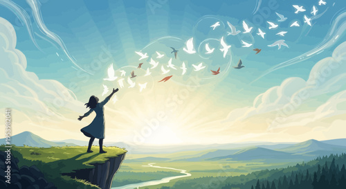 Woman on cliff releasing birds into a bright, hopeful sky at sunrise, symbolizing freedom, peace, new beginnings, and spirituality in nature.