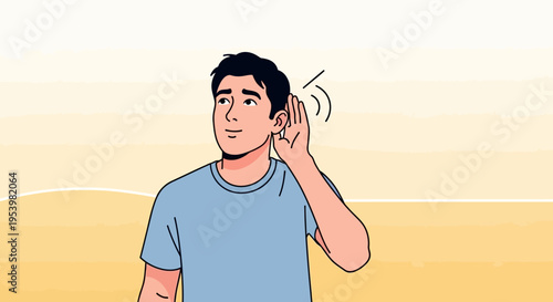 Illustration of a young man listening intently with his hand cupped behind his ear, focusing to hear sound clearly and pay attention.