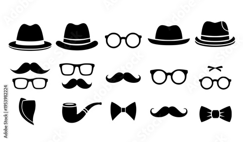Minimal Gentleman Logo Elements Mustache Hat Glasses Vector Collection