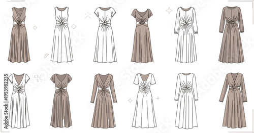 Women elegant dress collection with long sleeve and sleeveless styles fashion vector set with waist detail modern clothing illustration