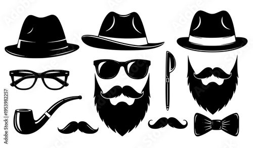 Retro Hipster Gentleman Accessories Icons Mustache Hat Pipe Vector Set