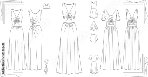 Women maxi dress collection technical drawing with multiple styles front views elegant fashion flat sketch vector for clothing design