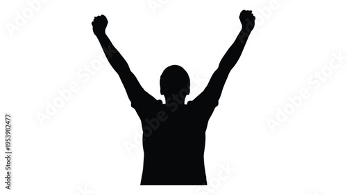 A silhouetted figure with arms raised in a triumphant gesture against a white background