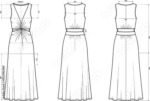 Women maxi dress technical drawing with front and back views detailed waist gathering and measurements fashion flat sketch vector for garment design